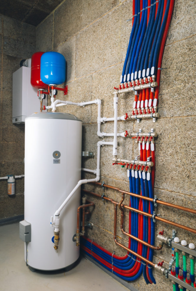 Installation de chauffage avec ballon d'eau chaude et tuyauterie colorée